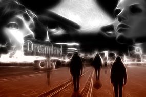 human silhouettes in dreamland city, digital art