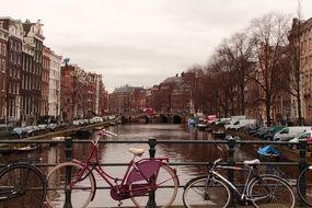 landscape of Bikes parked on bridge in Amsterdam