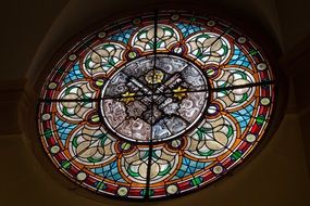 stained glass round window on the roof of the church