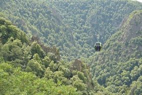 landscape of Cable Car on line above forested mountains
