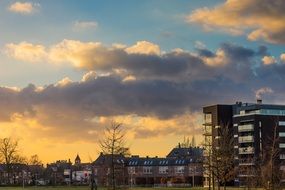 Apartment buildings in Nijmegen at dusk