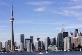 CN Tower and skyscrapers against a blue sky in Toronto