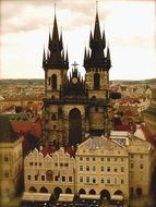 high towers of the cathedral with sharp spiers in the Czech Republic