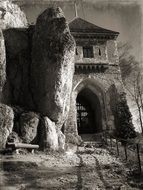 Black and white photo of a castle in a national park