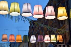 colorful lamps above street in the evening, russia, moscow