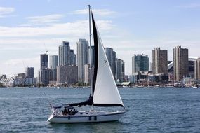 yacht in the ocean against the background of the city of Toronto