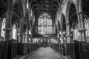 interior of a cathedral in black and white