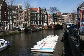 parked boats on the canal in Amsterdam