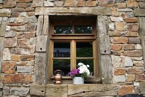 flowers on an old stone wall window