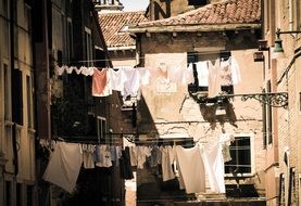 clothes on clothesline on a city street