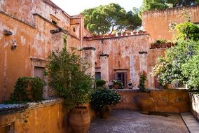 potted plants in courtyard of old building, Greece, Crete