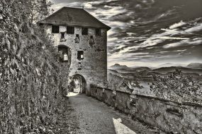 black and white drawing of the castle tower Hochosterwitz