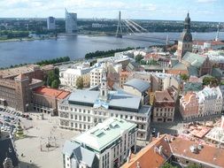 Panorama of buildings near the embankment in Riga, Latvia