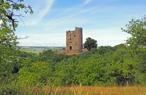 the ruins of an old tower among green trees