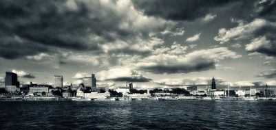 black and white panorama of hamburg city from the river