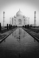 Taj Mahal mirroring on pond, black and white, India, agra