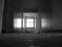 black and white photo of an abandoned building