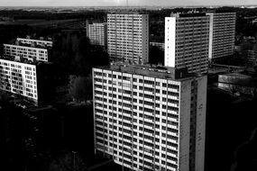 black and white photo of business centers in the city