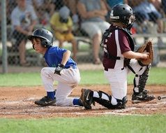 two child boys in helmets in game, Baseball, Little League, Home Plate