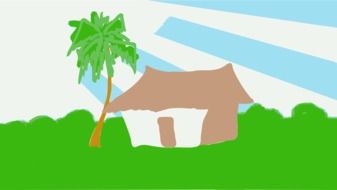 drawing of a house near a tree in a green meadow
