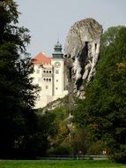 castle on the hill behind the trees in poland