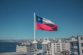 chilean flag over santiago on the cityscape