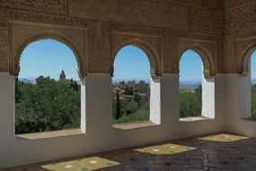 Alhambra, hall with arched windows, spain, Granada