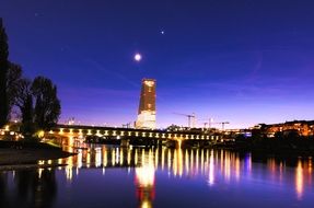 lighted bridge at dusk