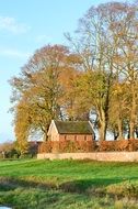 distant view of a cozy house in the middle of golden autumn