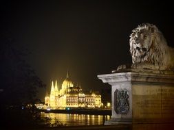 Leo stone Monument with the Budapest in the beautiful lights on the shore