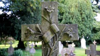 medieval tombstone close-up on blurred background