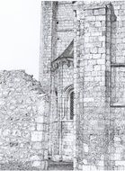 black and white photo of a stone building in the abbey