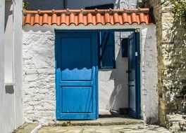 house with blue doors in Pano Lefkara, Cyprus