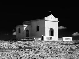 black and white picture of chapel remote
