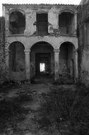 Old stone House ruins, black and white