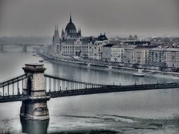 embankment of old city at winter, Black And White, hungary, Budapest