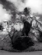 Black and white photo of the castle in the national park in Poland