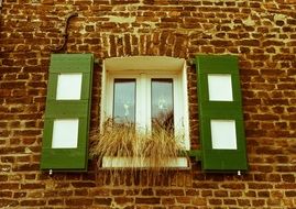 brick house with green shutters