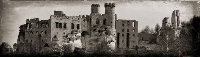 black and white photo of a castle in Ogrodzieniec, Poland