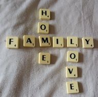 words family, love house in a game of scrabble