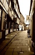 old narrow street, black and white, uk, england, Shrewsbury