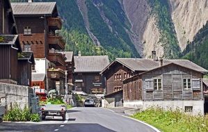 landscape of Valais Bergdorf's wooden houses in Switzerland