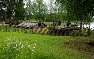 Wooden buildings on Farm at summer, Finland