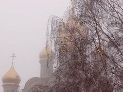 church with golden domes in the fog
