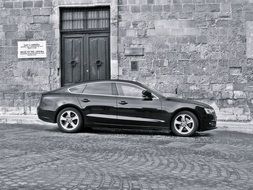 Black and white photo of the luxurious black car