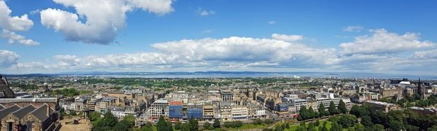 panoramic view of city in front of sea, uk, Scotland, Edinburgh