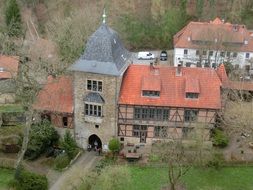 aerial view of a medieval castle and forest in Schaumburg