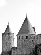 medieval towers with conic roofs at sky