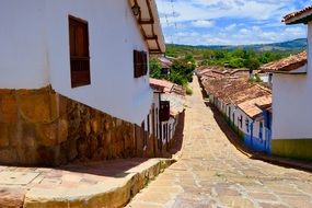 cobblestone pavement on street at picturesque old Town, Colombia, Baricahara City