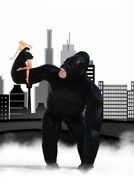 drawn King Kong with a girl in his paws on the background of the metropolis